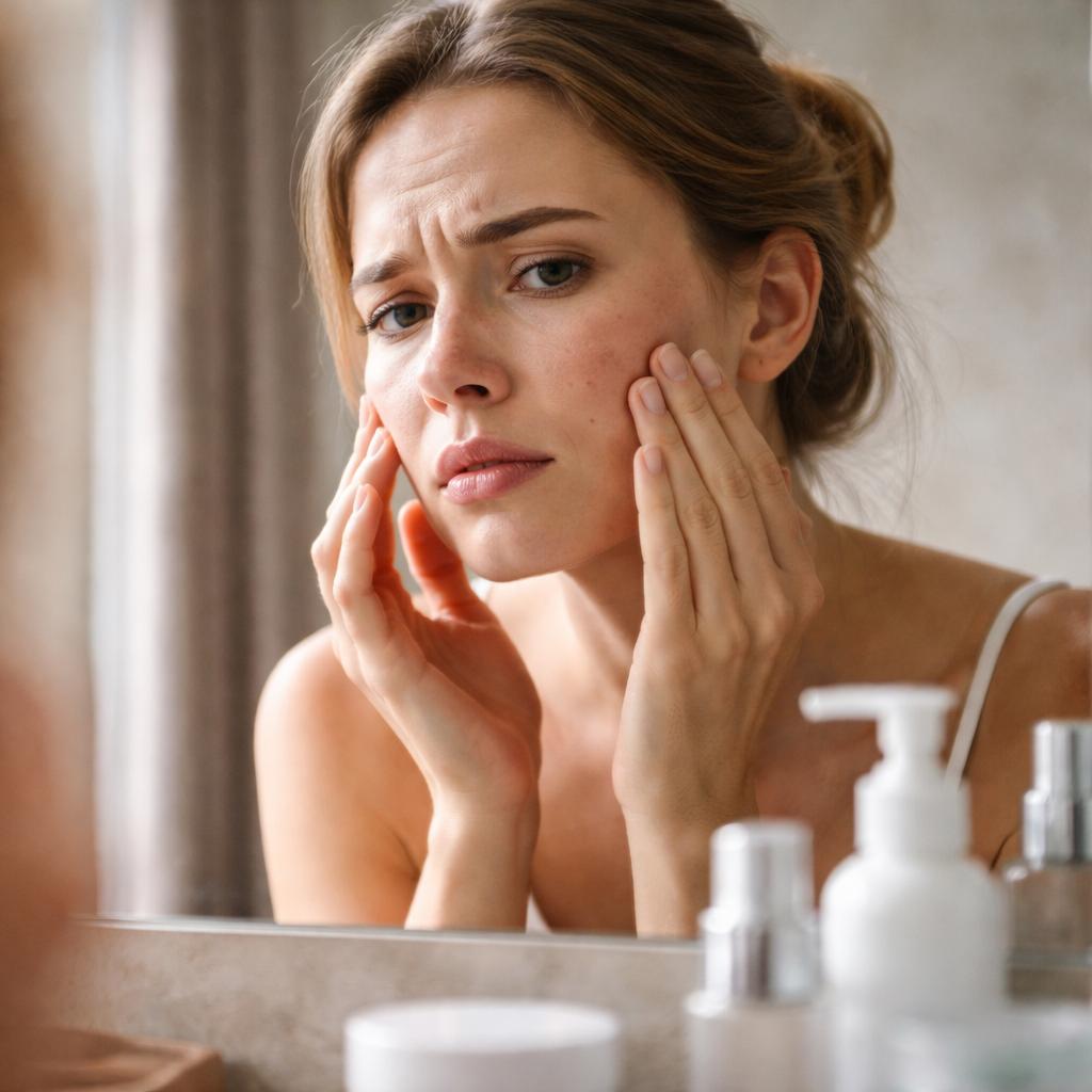 Проверка состояния кожи лица перед зеркалом при домашнем уходе уход за кожей лица — девушка рассматривает состояние кожи в зеркале